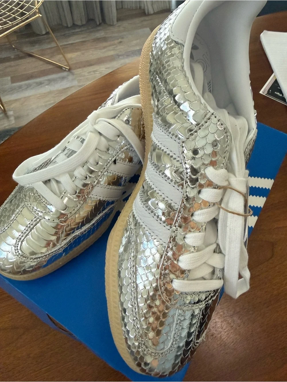 adidas Women's Silver Scaled Samba Sneakers with White Stripes